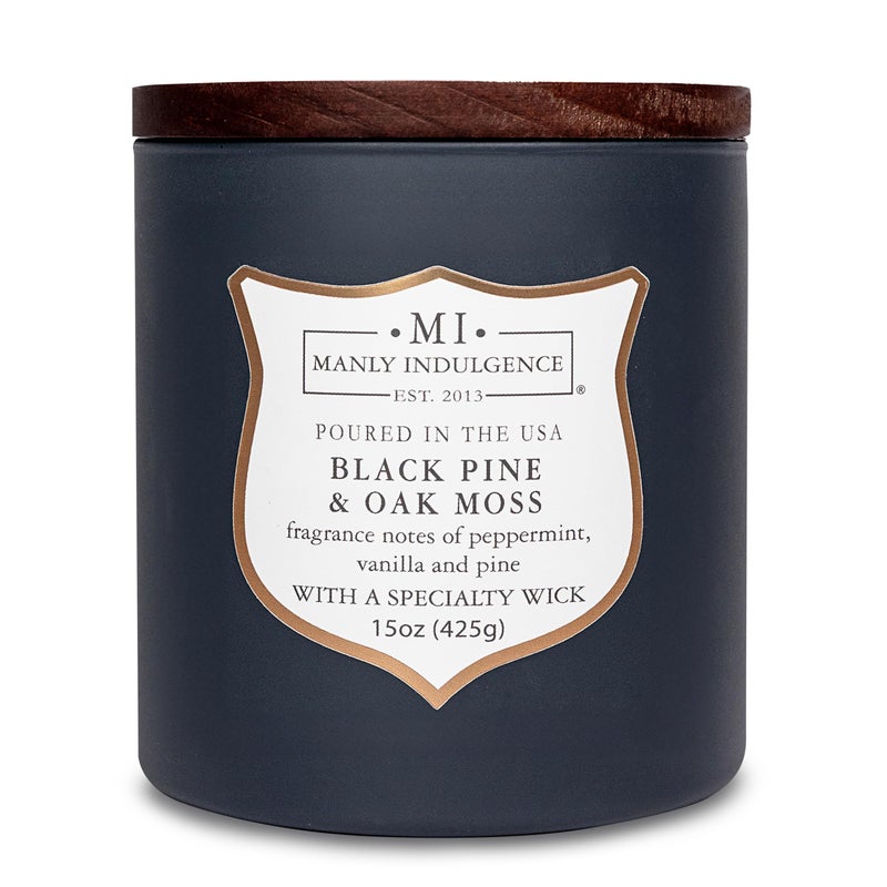 Manly Indulgence Black Pine Oakmoss Scented Candles for Men, 15 oz Wooden Wick, Premium Soy Blend Wax, 60H Burn, Candles for Home Scented - Made in The USA - Image 1